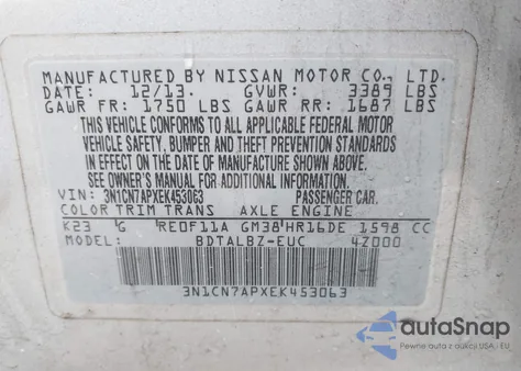 2014 Nissan Versa 1.6 S/1.6 S+/1.6 Sl/1.6 Sv из США, поврежденный, VIN 3N1CN7APXEK453063